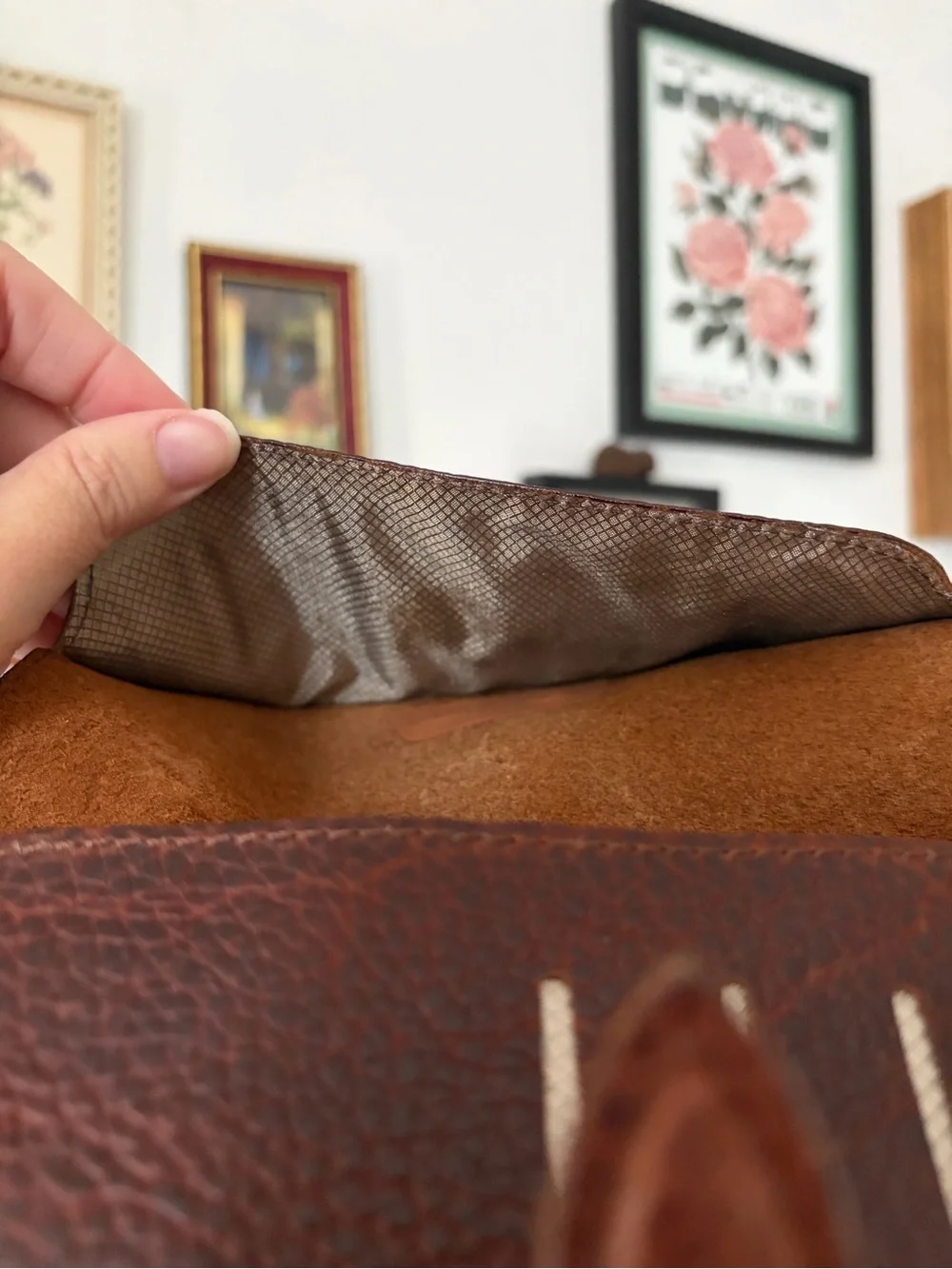 Vintage Handmade Dark Brown Pebbled Leather Long Bifold Wallet with Brass Accent